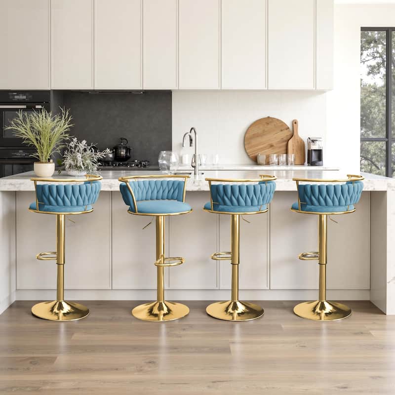 4 Set Modern Velvet Adjustable Swivel Bar Stools with Metal Frame - Gold/Blue