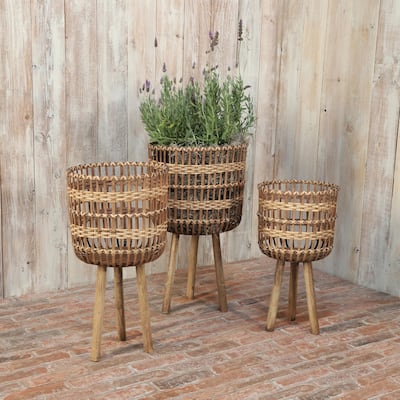 11/13/15" Bamboo Planters on Wood Stand,Set of 3