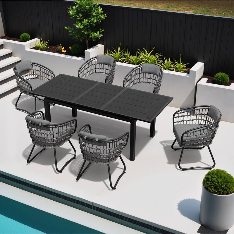 Outdoor Patio Dining Extendable Aluminum Table with Cushioned PE Rattan Chairs - Grey