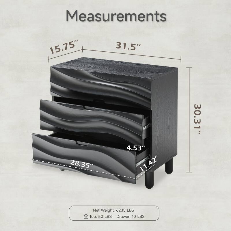 COZAYH Contemporary Wooden Nightstand Featuring 3D Wave Fronts, Modern Storage Dresser with Groove Handles