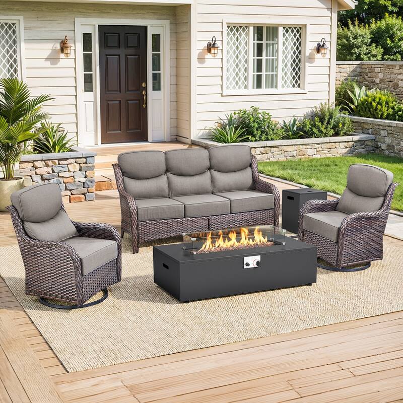 Pocassy 43 In Fire Pit w/ Outdoor Sofa Swivel Chair Ottoman Set - Brown Wicker Gray Cushion - 4PCS Fire Table w/ 6-In Cushion Sofa Swivel Chair