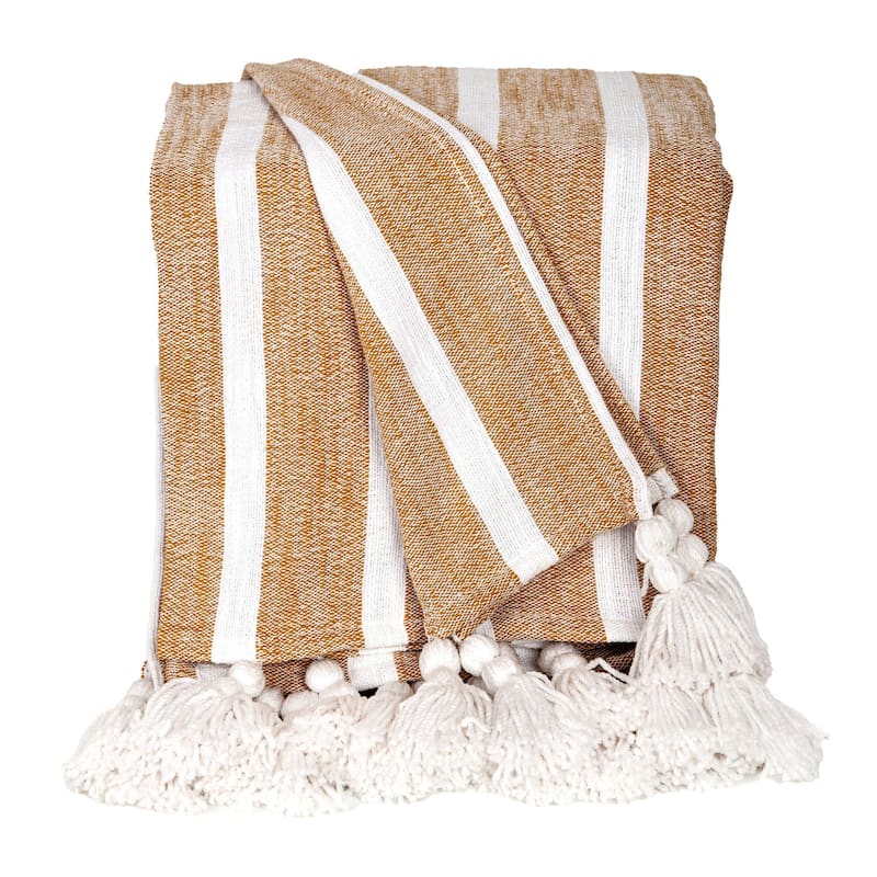 HomeRoots 50" X 60" Gold and Ivory Woven Cotton Striped Throw Blanket with Tassels