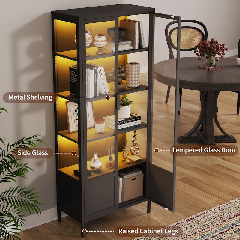 5-Tier Tempered Glass Curio Display Cabinet with Adjustable Shelves and 13 Color Lights - 66.9"H x 27.6"W x 13.8"D