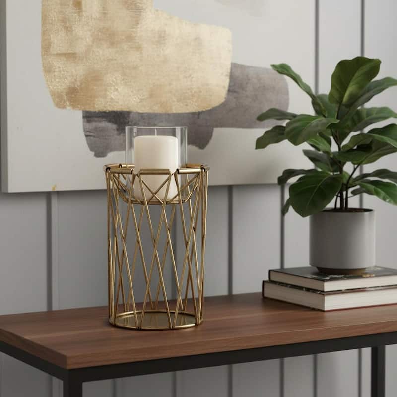 8" Antiqued Brass Distressed Geometric Metal And Glass Tabletop Hurricane Candle Holder - Antiqued Brass