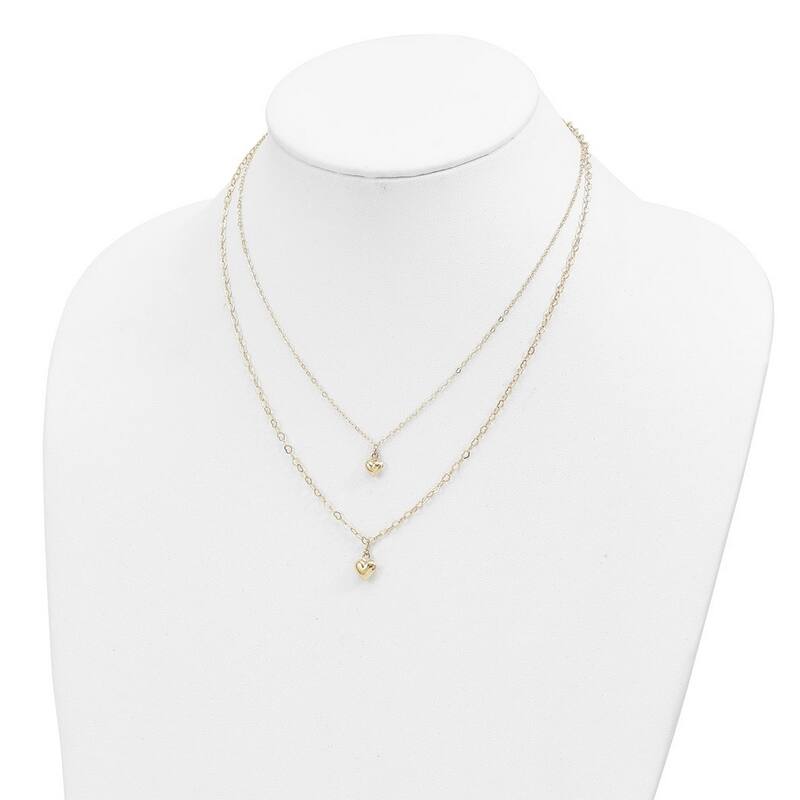 Curata 14k Yellow Gold Double Strand Puffed Polished Hearts Necklace, 16+2"