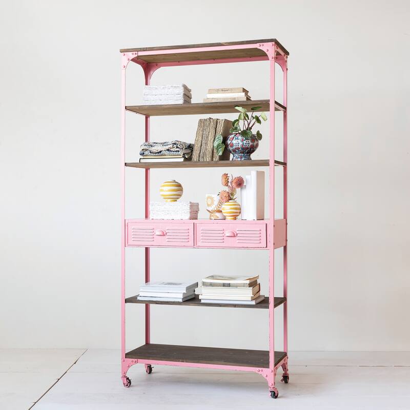 Metal and Wood 5-Tier Shelf on Wheels with 2 Drawers