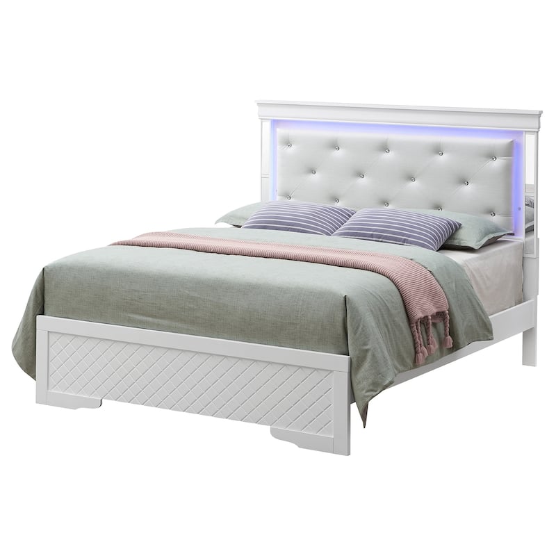 Jewel Tufted Mirrored Panel Full Bed with LED Light - 80" - Silver
