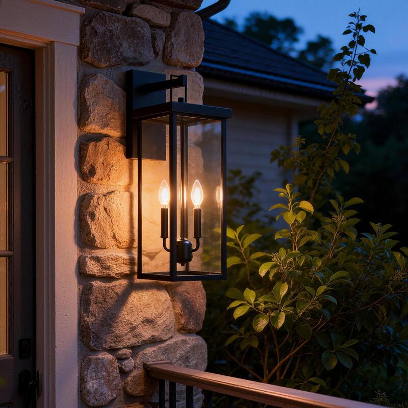Clear Glass Outdoor Lighting Wall Sconce - Medium: 19.15" H x 7.9" W x 8.7" D - Black
