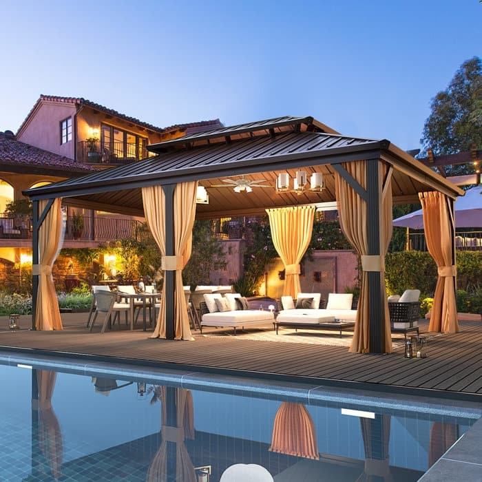 Erommy Hardtop Gazebo with Aluminum Frame and Double Roof, Permanent Outdoor Gazebo Includes Curtains&Netting for Patio Backyard