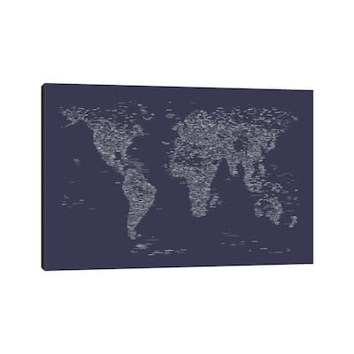 iCanvas "Font World Map (Navy Blue)" by Michael Tompsett Canvas Print