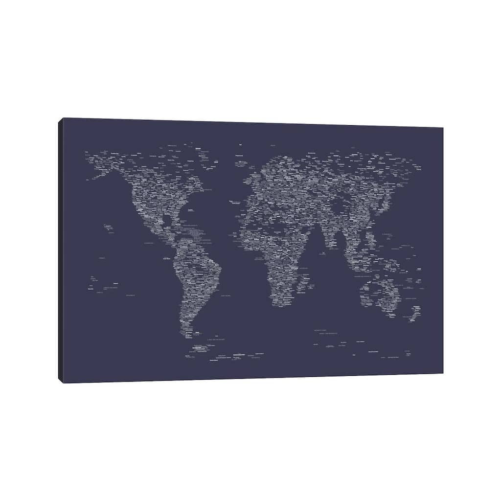 iCanvas "Font World Map (Navy Blue)" by Michael Tompsett Canvas Print