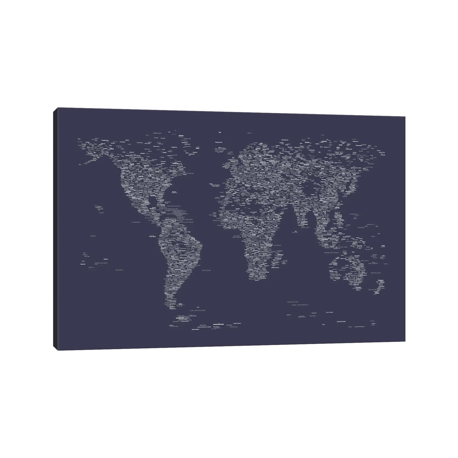 iCanvas "Font World Map (Navy Blue)" by Michael Tompsett Canvas Print