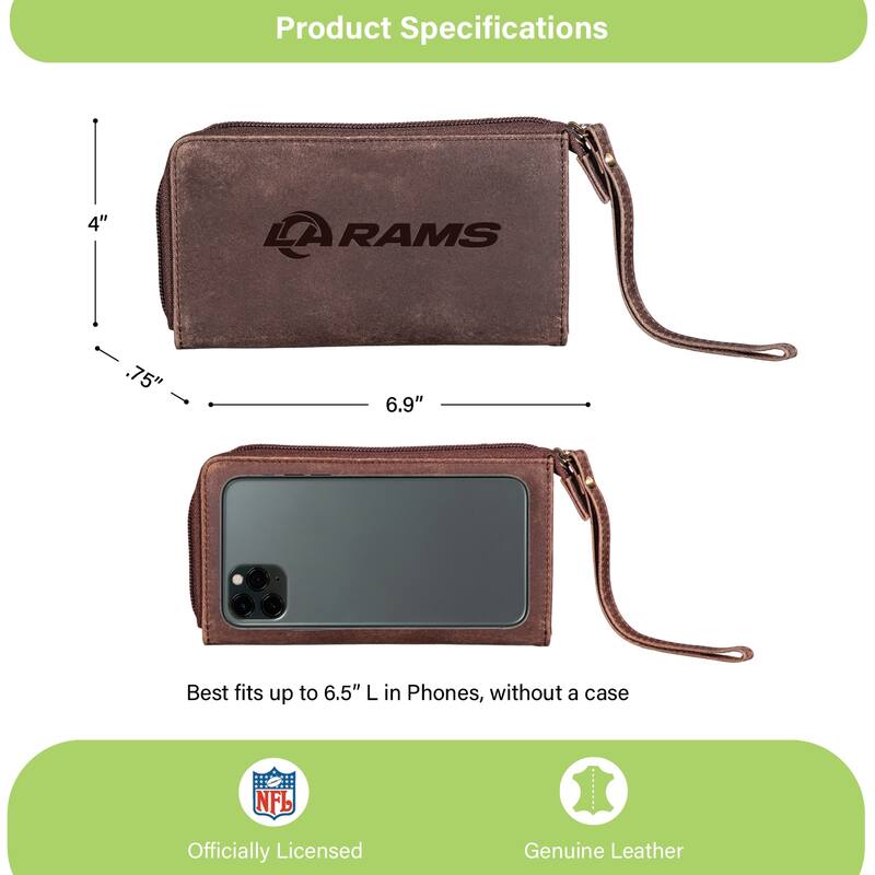 Brown Leather Cell Phone Wristlet Wallet, Los Angeles Rams - 4" x 7"