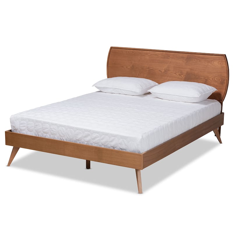 Mid-Century Modern Walnut Brown Wood King Platform Bed with Curved Headboard for Stylish Bedrooms