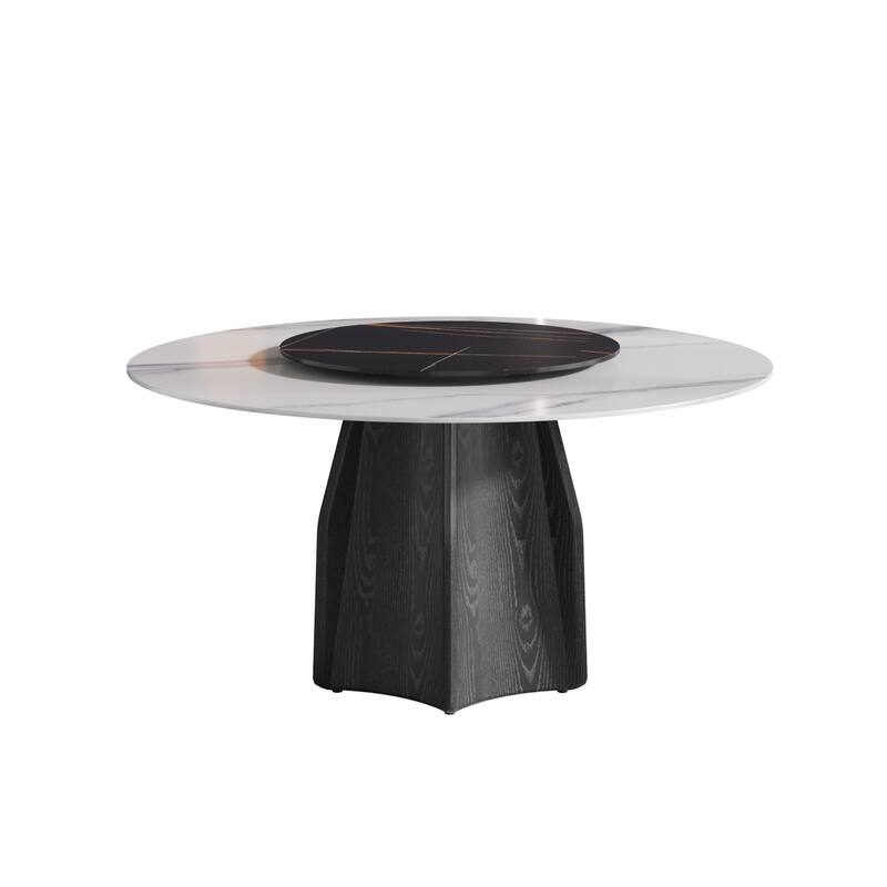 59.05'' Modern Round Sintered Stone Table Top Black Wood Pedestal with Lazy Susan