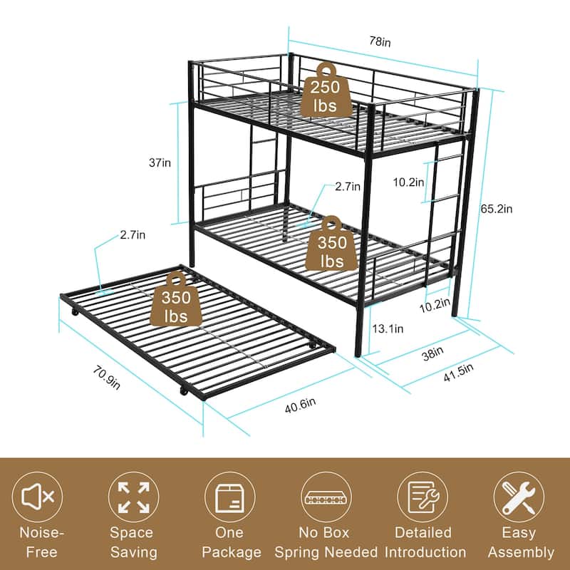Twin Over Twin Bunk Bed with Trundle, Detachable Twin Bunk Beds w/ 2 Side Ladders & Full-Length Guardrails