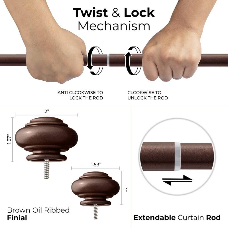 1 Inch Adjustable Double Curtain Rod for Windows & Doors Curtains with Endcap Round Finials & Brackets Set -By Deco Window