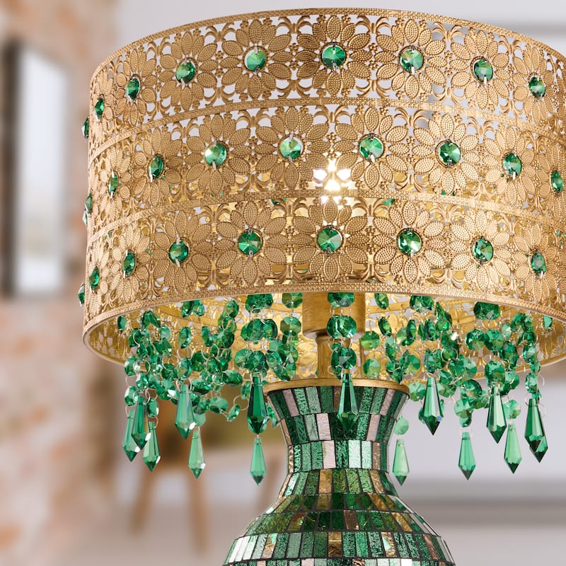 Bridget River of Goods Green and Gold Glass and Metal Drum Shade 25-Inch Table Lamp - 13.75" x 13.75" x 25"