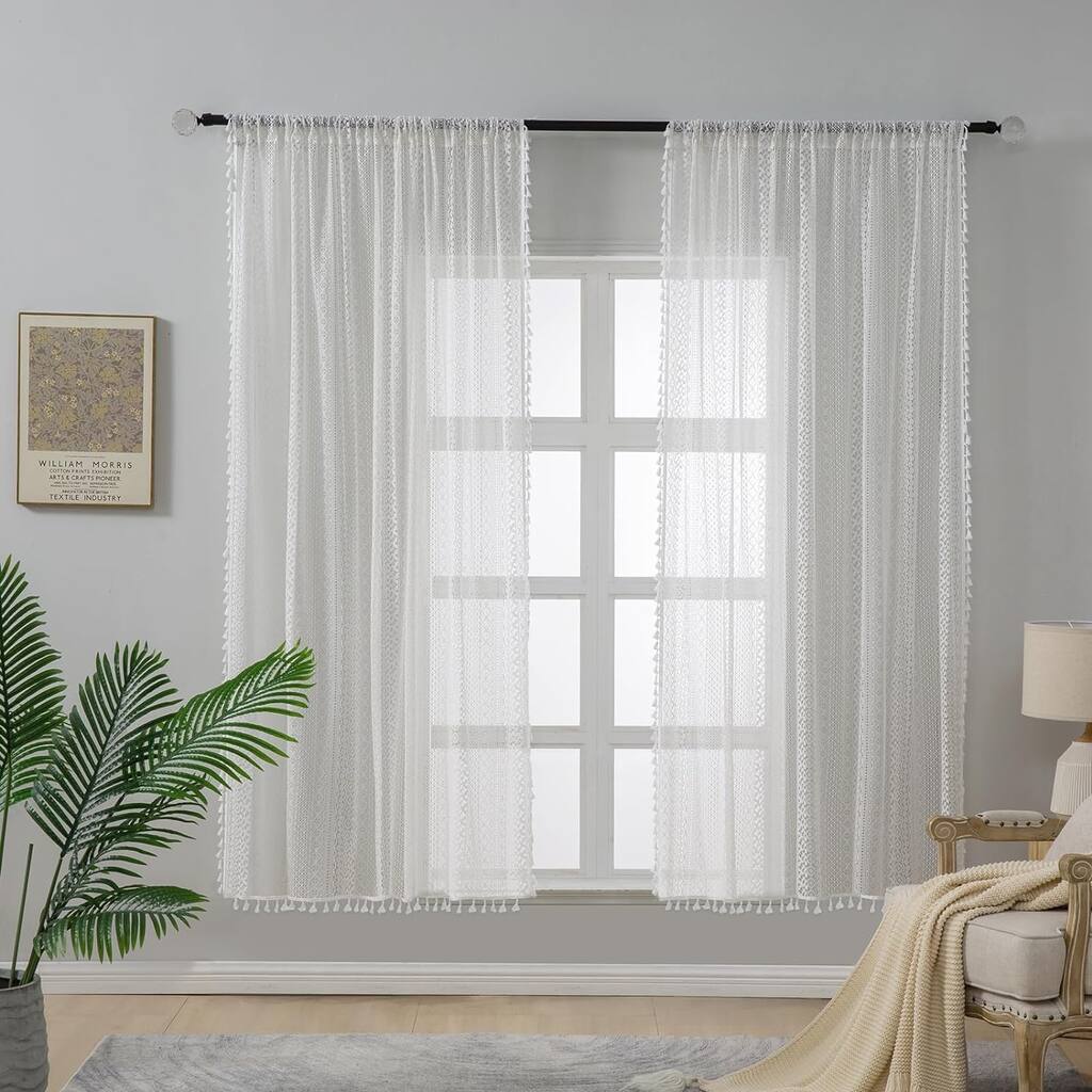 Off White Lace 2 Panel Boho Sheer Curtains with Tassel,Cotton Privacy Crochet Curtains