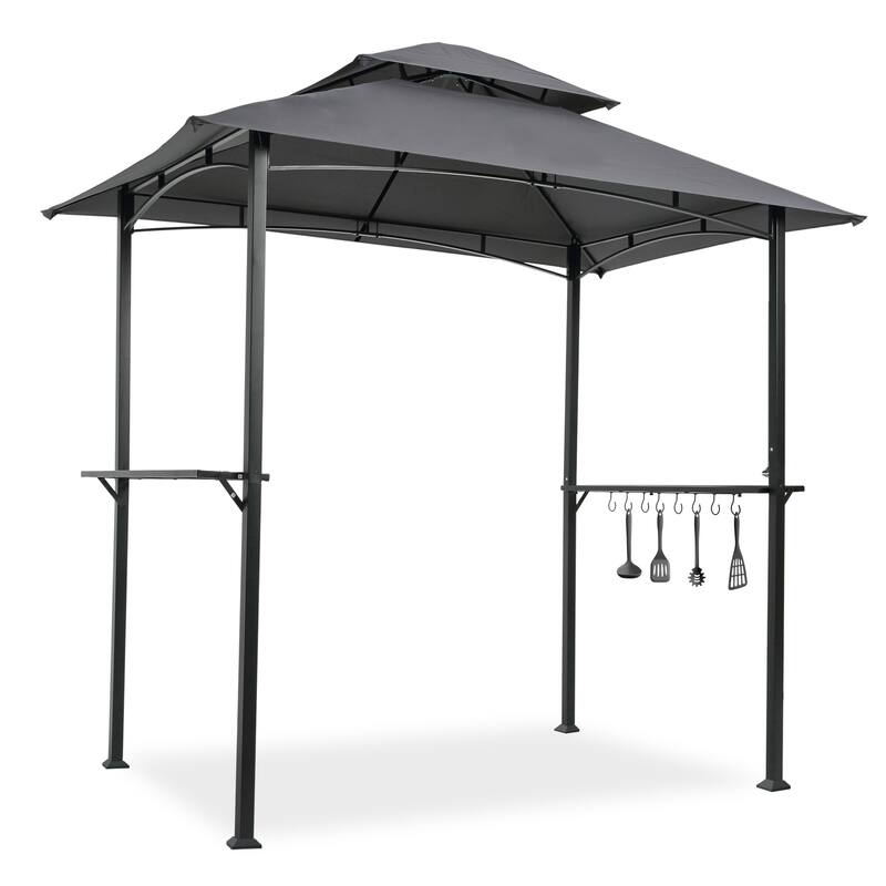 Outdoor Grill Gazebo 8x5 Ft, Double Tier Soft Top Canopy with Steel Frame, Bar Counters & Hook for BBQ