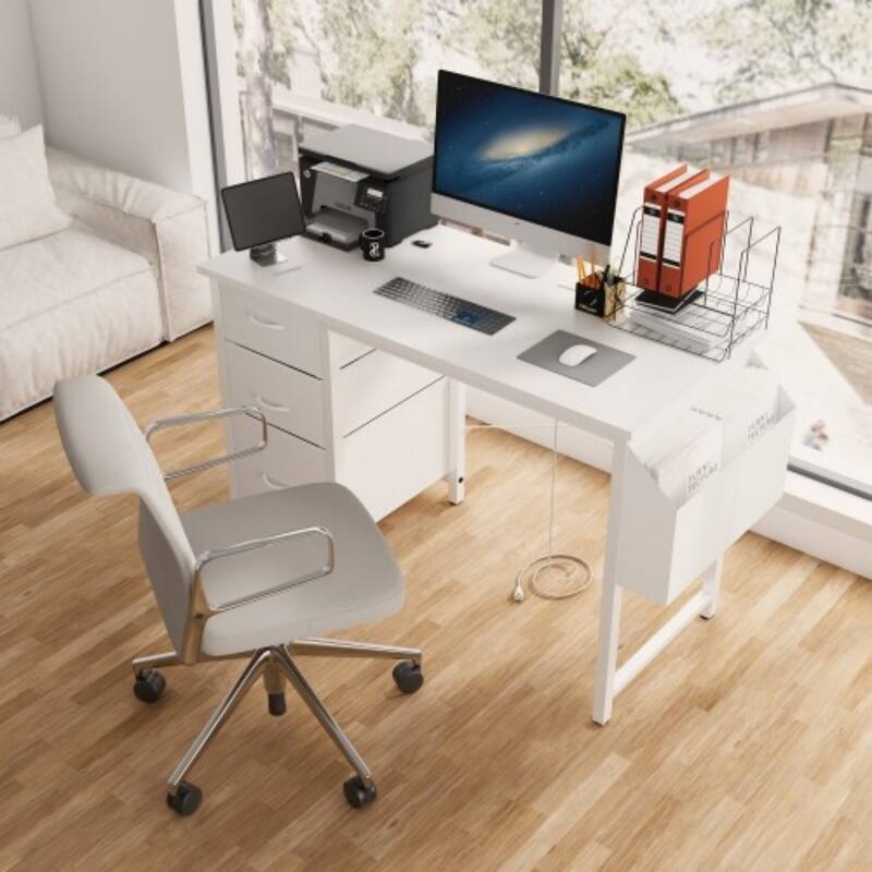 47'' Office Desk, Modern Reversible Study Writing Desk Workstation With Hutch, 3 Drawers, Power Outlets And Side Pockets - White