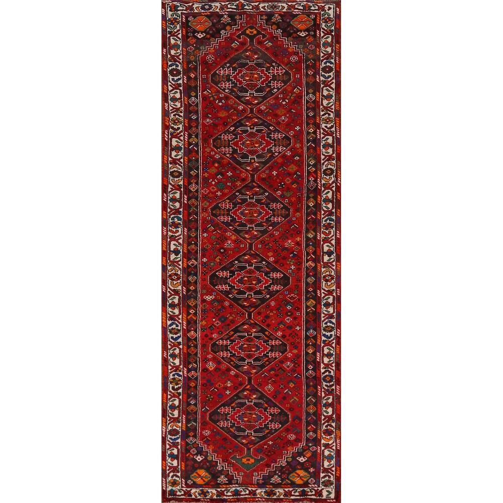 Hand Knotted Oriental 100% Wool Carpet Traditional Tribal Red Shiraz Runner Rug - 10' 8'' X 3' 2''