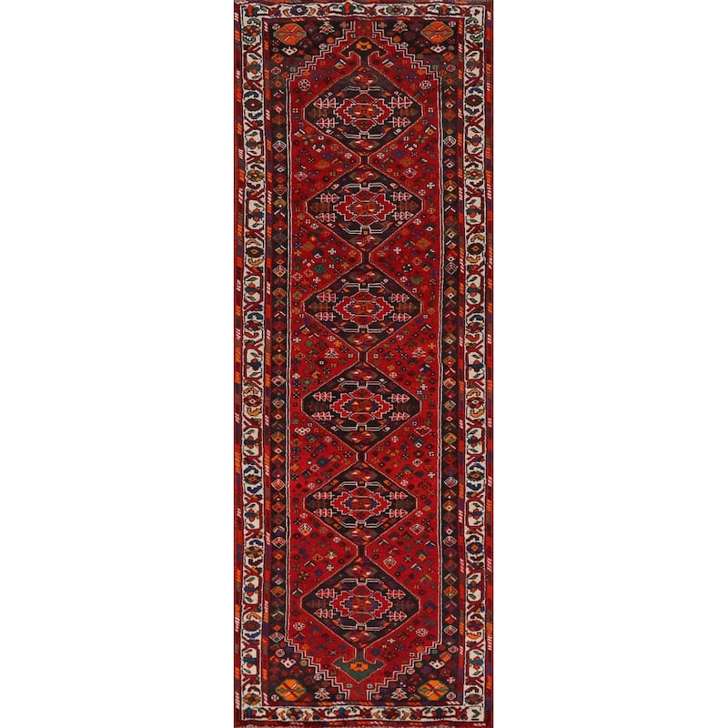 Hand Knotted Oriental 100% Wool Carpet Traditional Tribal Red Shiraz Runner Rug - 10' 8'' X 3' 2''
