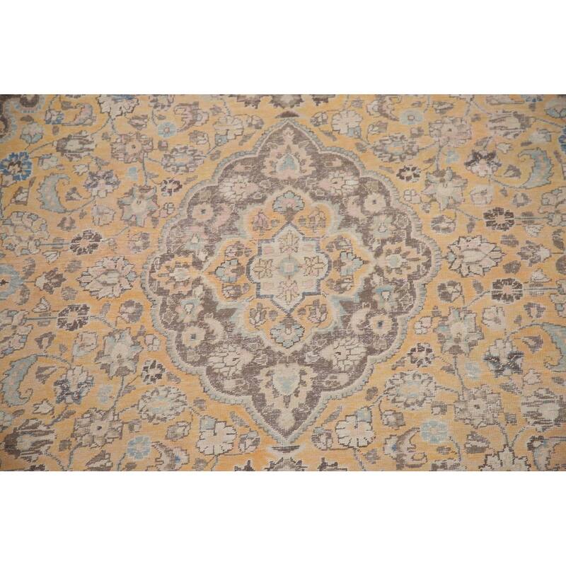 Hand Knotted Oriental 100% Wool Carpet Traditional Floral Yellow & Gold Mashad Area Rug - 12' 5'' X 9' 4''