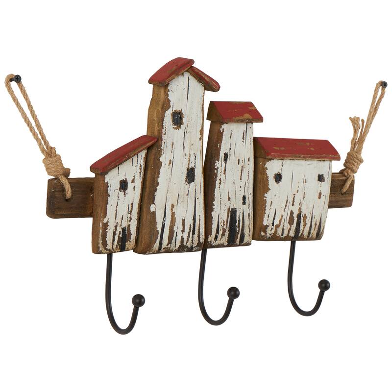 Wood Handmade Distressed House 3 Hanger Wall Hook with Red Roof Accents and Hanging Rope - Cream - Roche River Decor