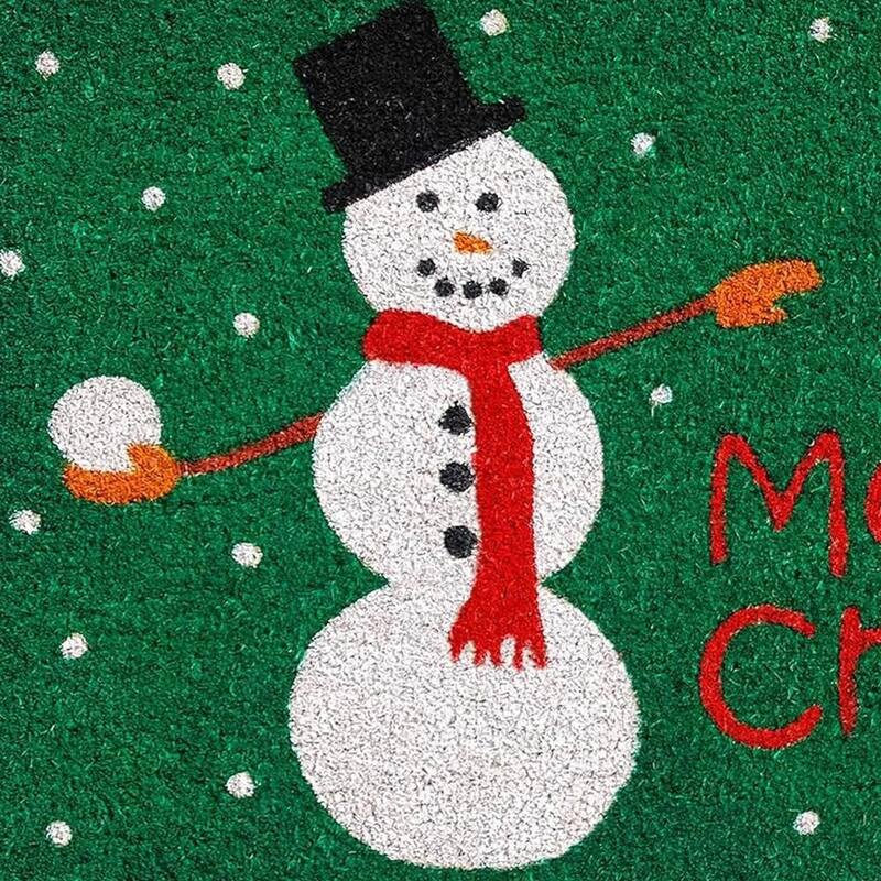 HomeRoots 17" X 29" Green White And Red Christmas Snowman Merry Christmas Outdoor Coir Door Mat - 17.00' X '29.00
