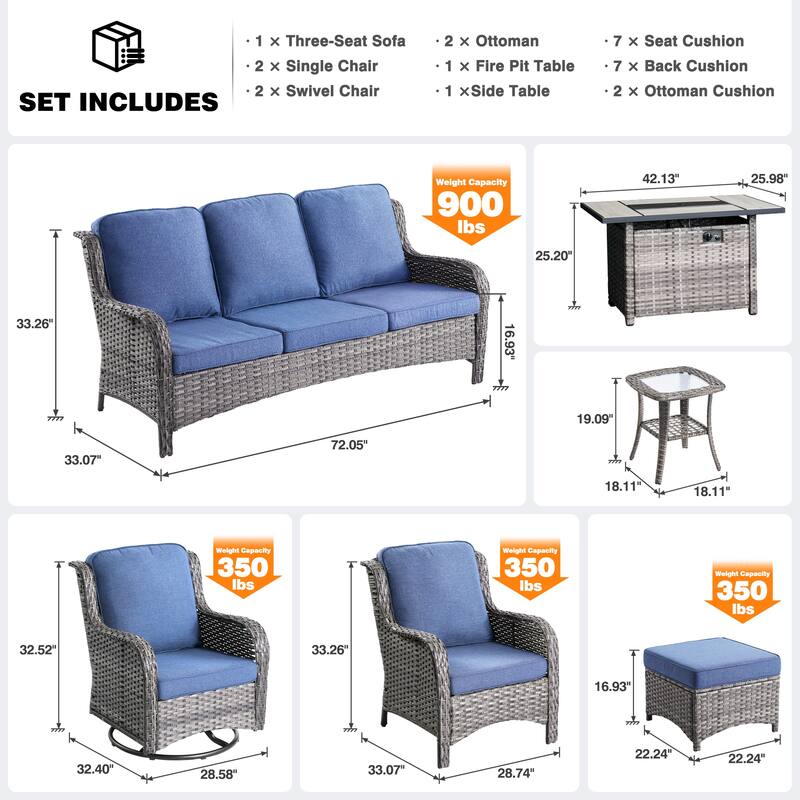 OVIOS 9-piece Patio Wicker Swivel Rocking Chair Set With Fire Pit