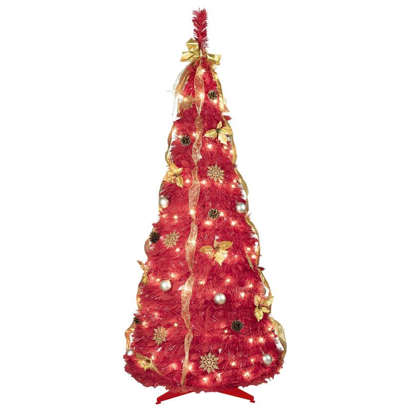 HomeRoots 6' Red Tinsel Pre Lit Pop Up Christmas Tree With Decorations - 30.00 in. x 72.00 in. x 30.00 in.