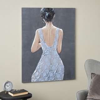 Multi Colored Canvas Woman Living Room Framed Wall Art with 3D Blue Fabric Dress and Gold Jewels