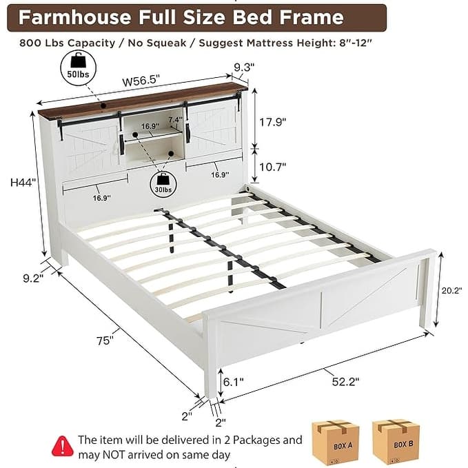 Farmhouse Full Size Bed Frame with Storage Shelves & Charging Station