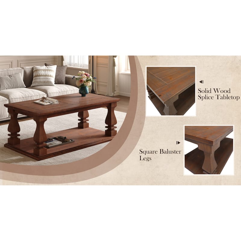 Roomfitters 47" Farmhouse Coffee Table, Rustic Wood Center Table with Heavy Planked Top & Square Baluster Legs