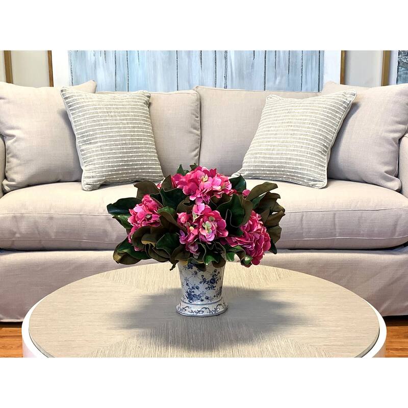 Hydrangea and Magnolia Leaf Arrangement in a Decorative Ceramic Vase - Pink, Green, Blue, White