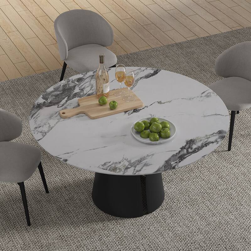 Modern Stone Table Top Carbon Steel Black Pedestal Base Dining Table