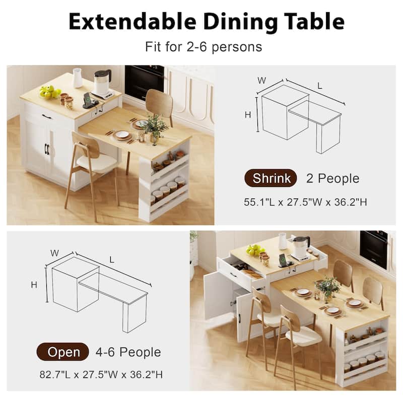 Anmytek Expandable Kitchen Island and Dining Table with Power Outlets - Convertible Cart to Table for Small Spaces