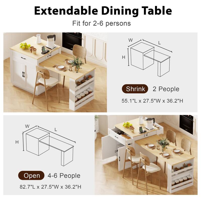 Extendable Kitchen Island with Dining Table for 4-6, Built-in Power Outlet, Storage Shelves & Drawers