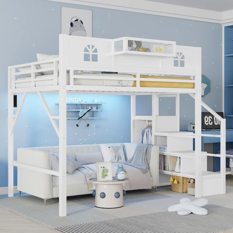 Full / Queen Size Loft Bed with Stairs, House Shaped Guardrails, and Wardrobe Storage