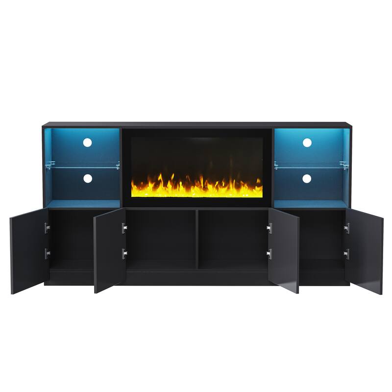 High Gloss TV Stand with Electric Fireplace and LED Light, for TVs Up to 75", Black - 67" W × 13.77" D × 35.4" H