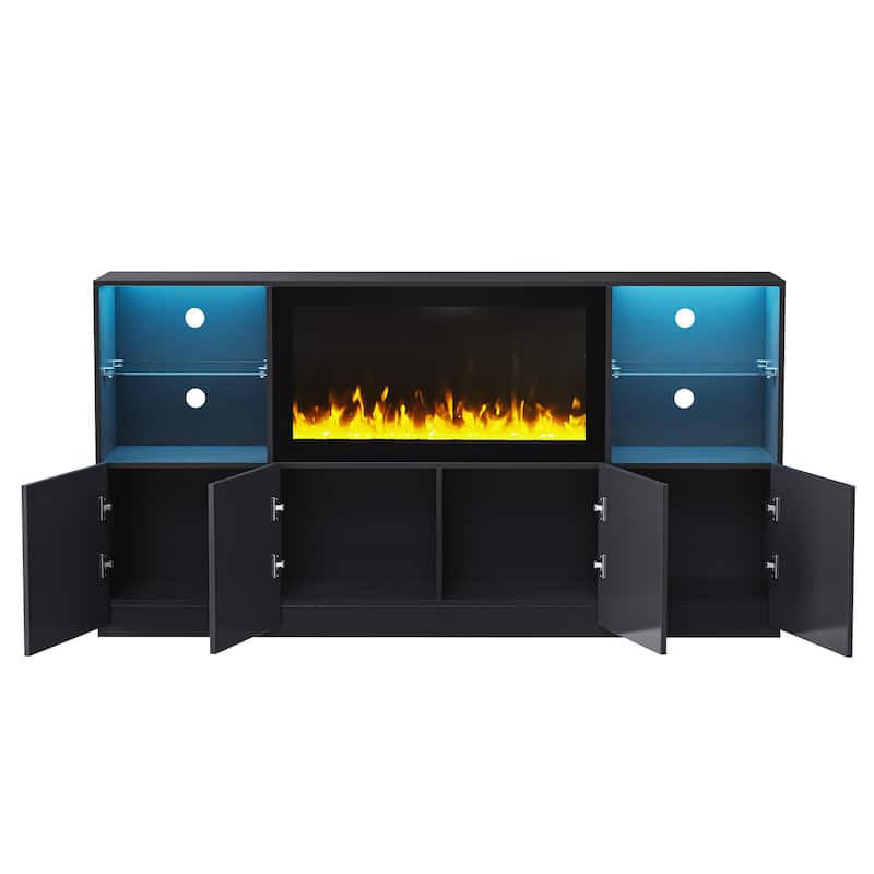 Roomfitters Modern High Gloss TV Stand with Electric Fireplace, Media Console with Tempered Glass Shelves