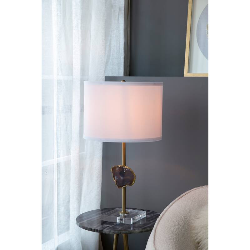 D14x25.2" Gold Table Lamp with Agate Slice and White Drum Shade