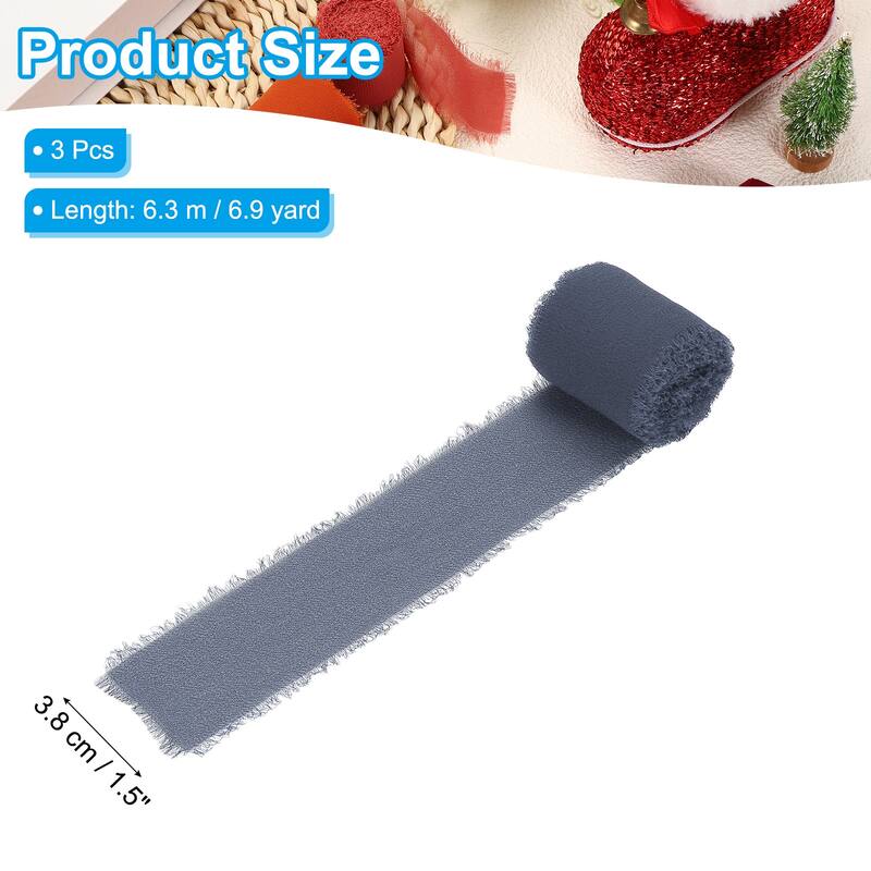 3 Roll 1.5"x7 Yd Handmade Fringe Chiffon Ribbon Frayed Silk Ribbon - 1.5"x7 Yd - Dark Blue