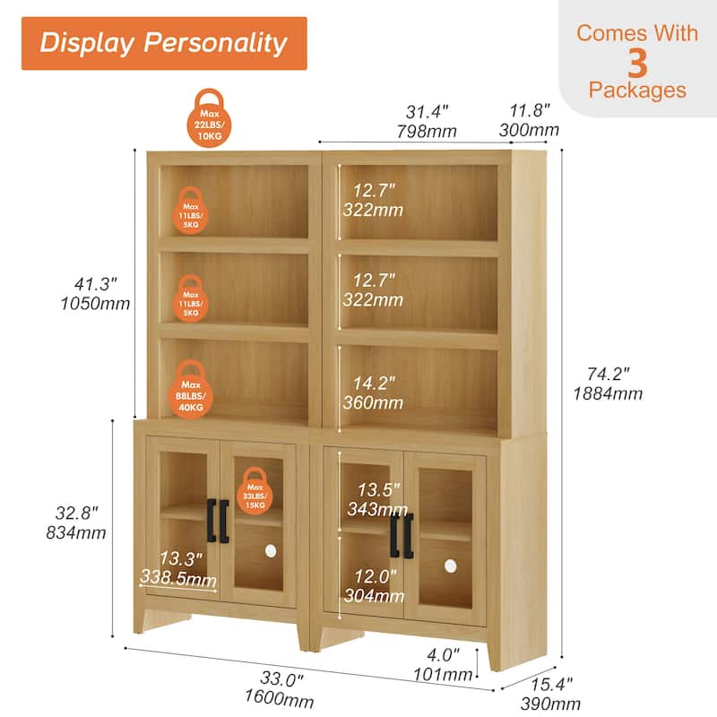 WAMPAT 3 Tier Bookshelf with Glass Door, 74" Tall Bookcase with Adjustable Shelf and Storage Cabinet, Farmhouse Wooden Bookshelf