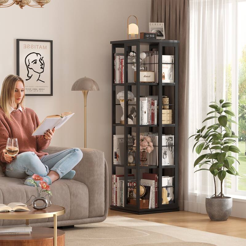 Corner Rotating Bookshelf, 360 Display Wood Spinning Bookshelf, Floor Standing Bookcase Organizer Storage Rack