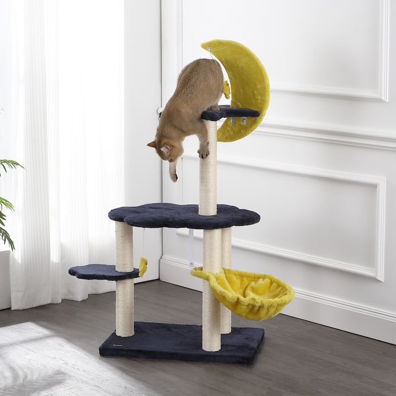 Aurora 49" 3-Tier Modern Sisal Moon And Stars Cat Tree with Scratching Posts, Basket, and Fuzzy Bell Toys, Navy/Yellow/White - Navy/Yellow/White