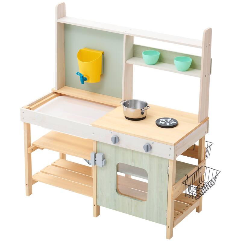 Natural-Green Cedar Wood Outdoor Mud Kitchen Playset with Accessories - 15” D x 35” W x 39” H