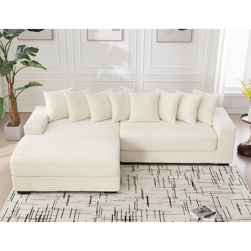Oversized Corner Couch L-Shaped Corduroy Sofa Set with Left Chaise Daybed, Armrests, and Eight Throw Pillows