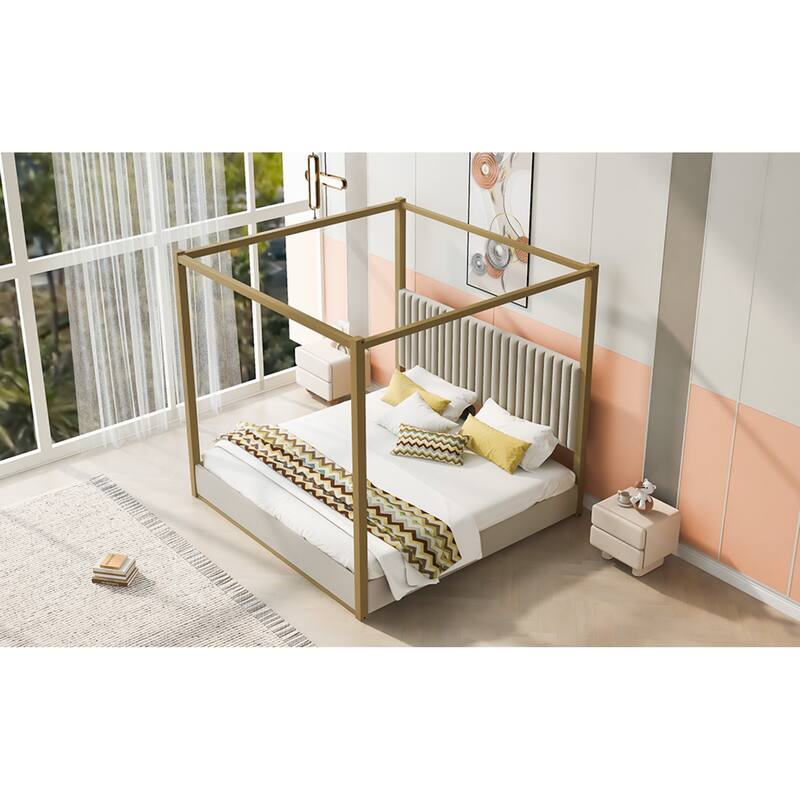 Roomfitters King Canopy Platform Bed with Velvet Upholstered Headboard, Metal Frame